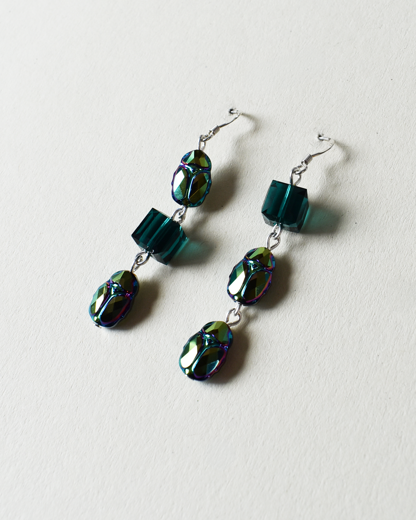 'Green Scarabs' Iridescent Green Crystal Earrings