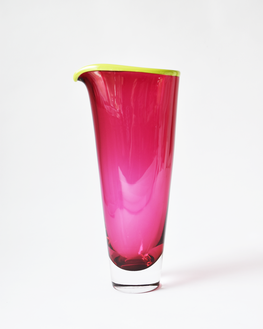 Small Cranberry Pink & Green 'Rainbow Rim' Blown Glass Vase