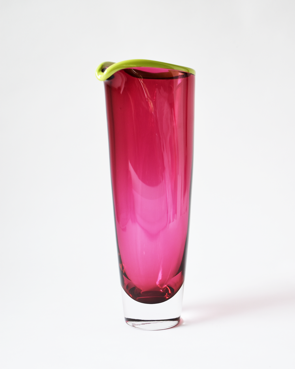 Small Cranberry Pink & Green 'Rainbow Rim' Blown Glass Vase