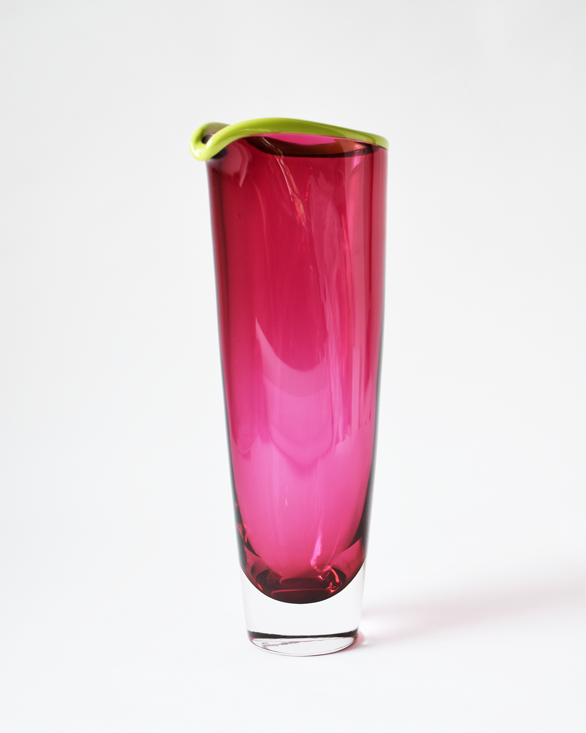 Small Cranberry Pink & Green 'Rainbow Rim' Blown Glass Vase