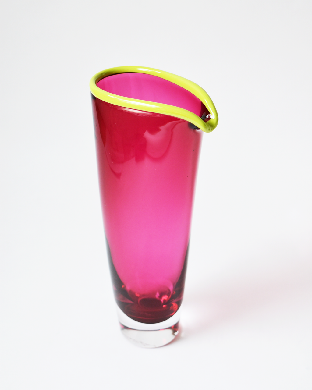 Small Cranberry Pink & Green 'Rainbow Rim' Blown Glass Vase
