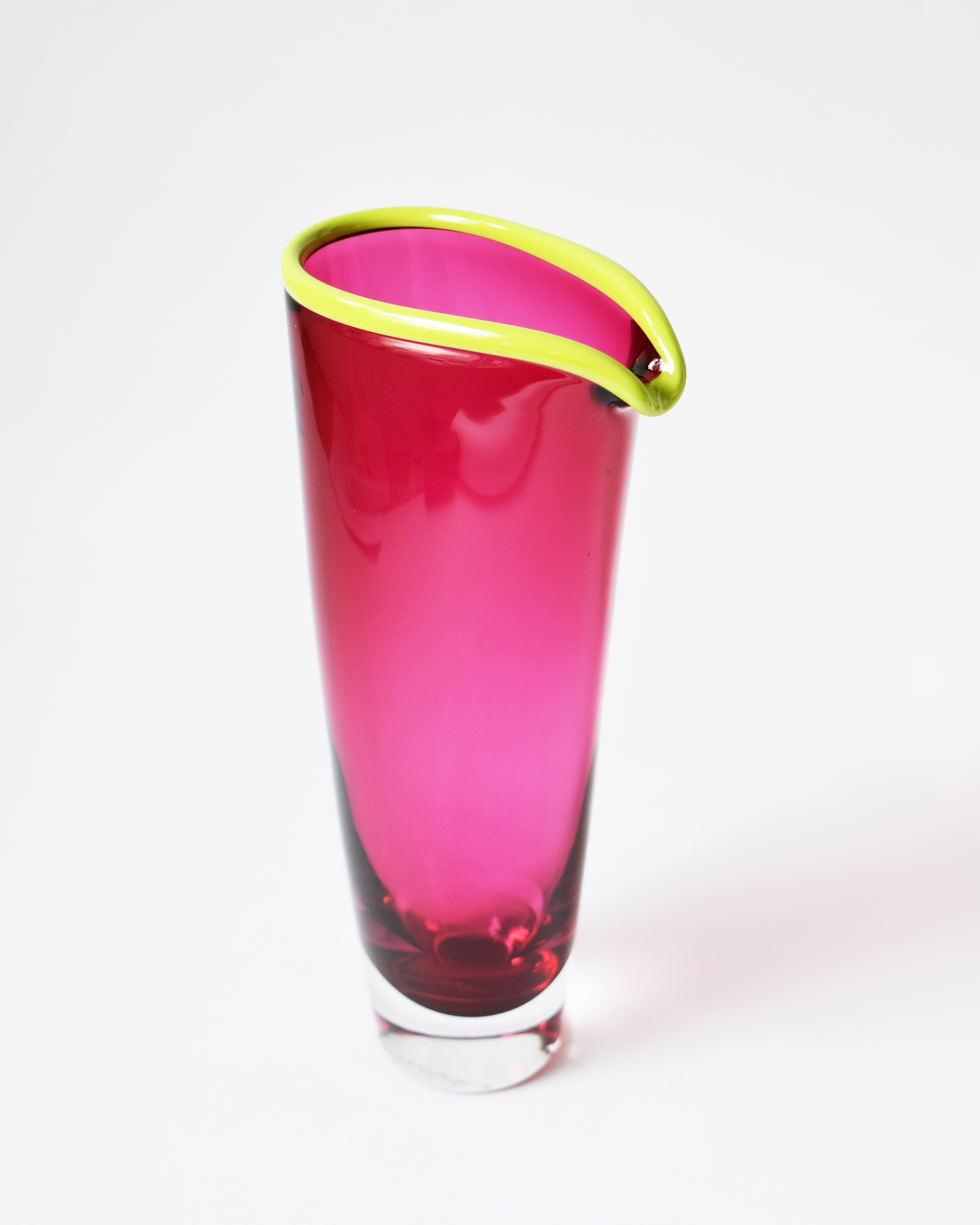 Small Cranberry Pink & Green 'Rainbow Rim' Blown Glass Vase