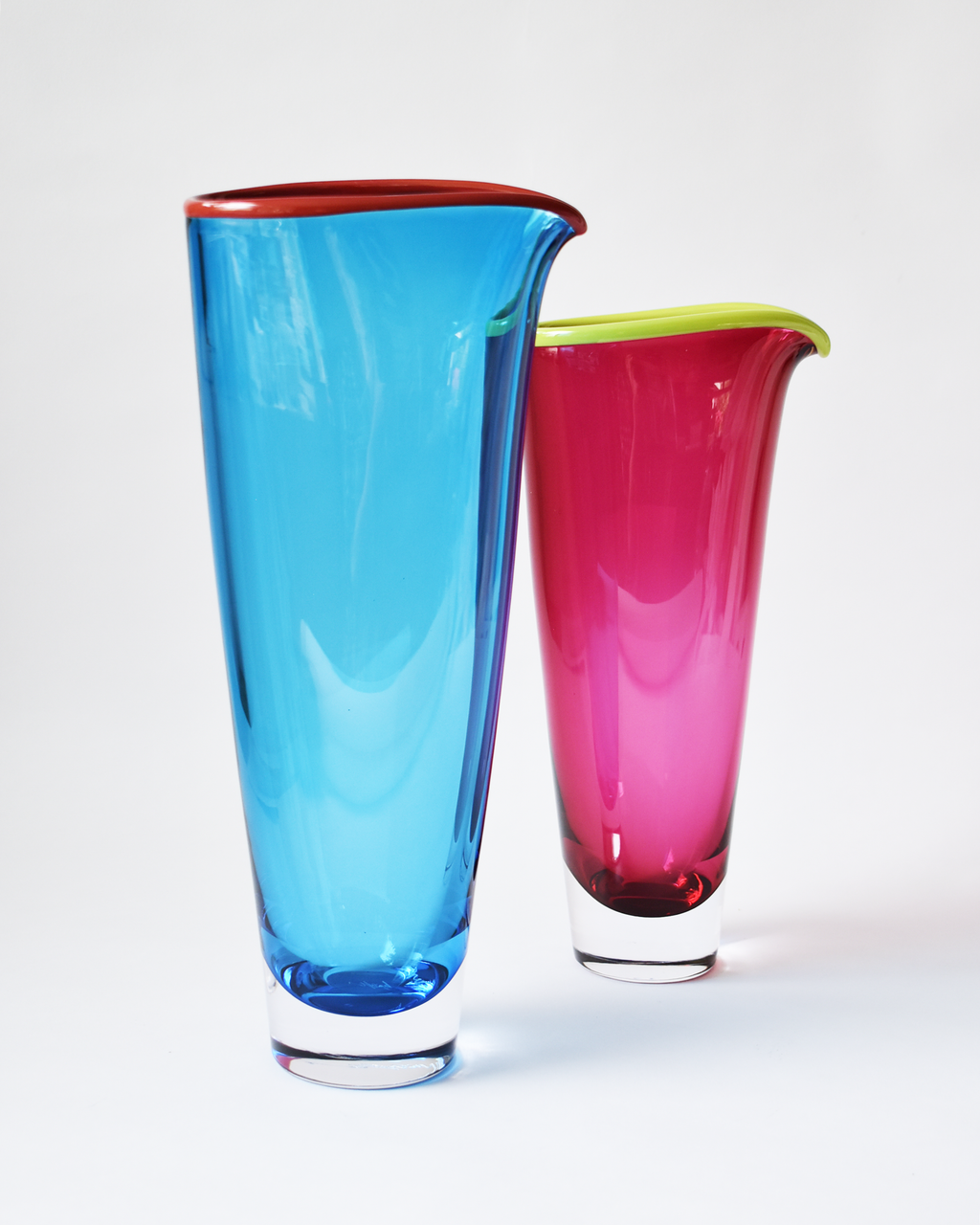 Large Aqua Blue & Burnt Red 'Rainbow Rim' Blown Glass Vase