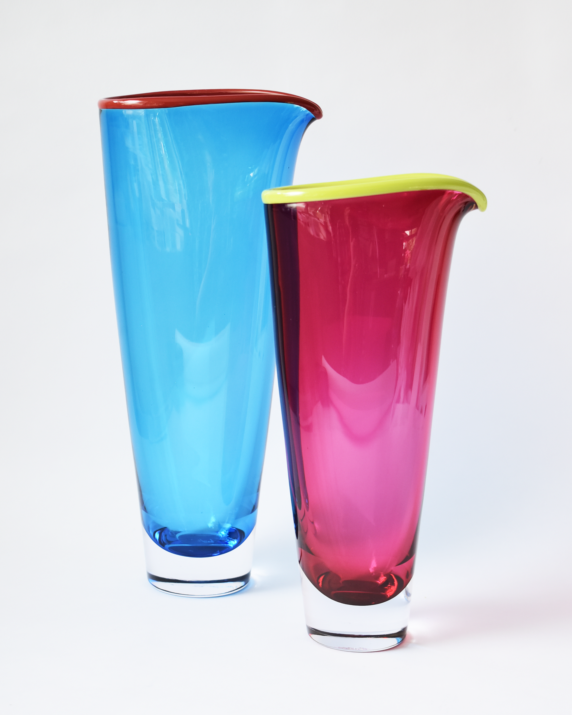 Small Cranberry Pink & Green 'Rainbow Rim' Blown Glass Vase