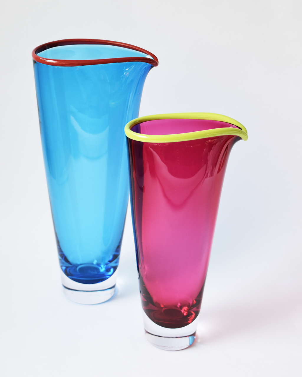 Small Cranberry Pink & Green 'Rainbow Rim' Blown Glass Vase