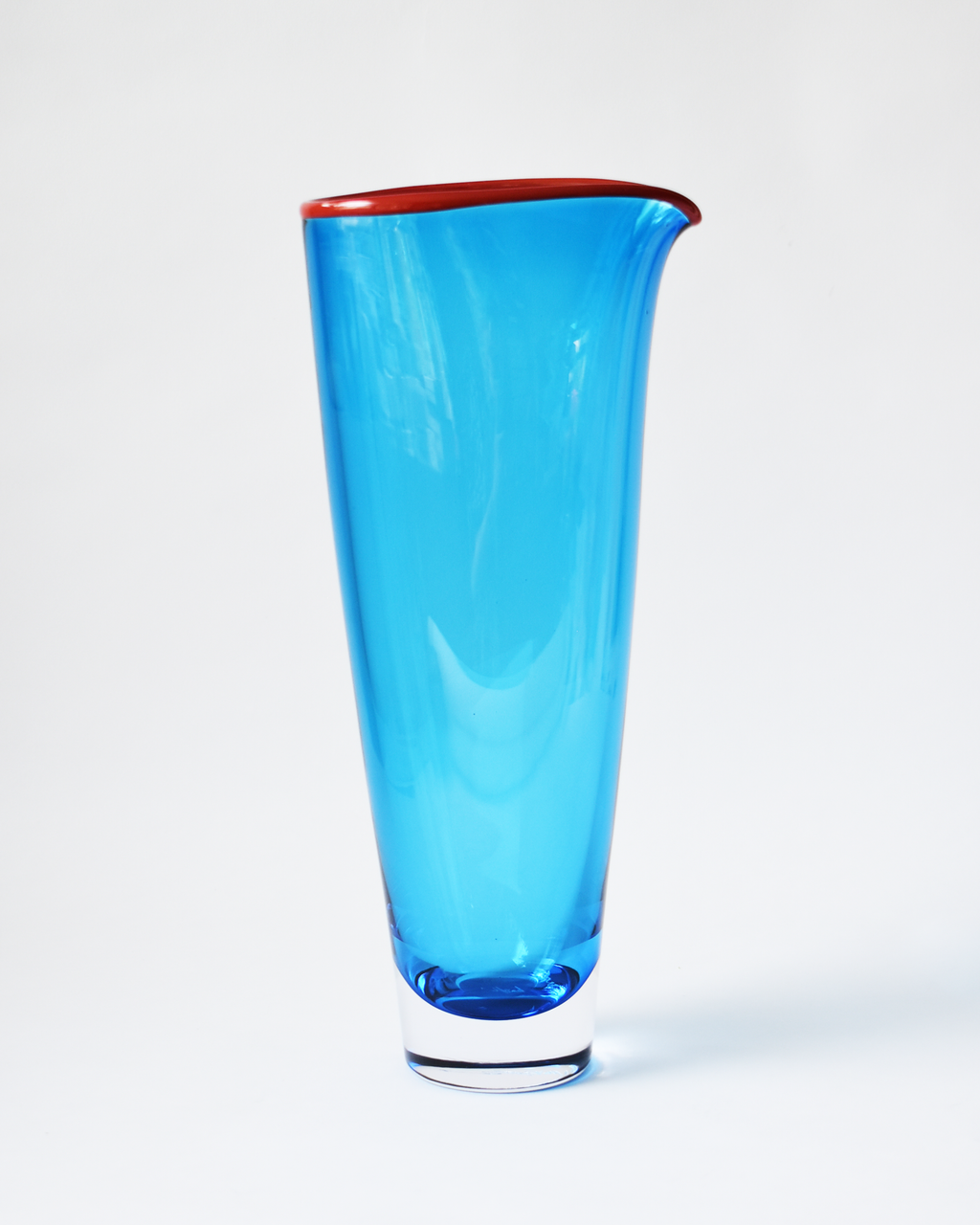 Large Aqua Blue & Burnt Red 'Rainbow Rim' Blown Glass Vase