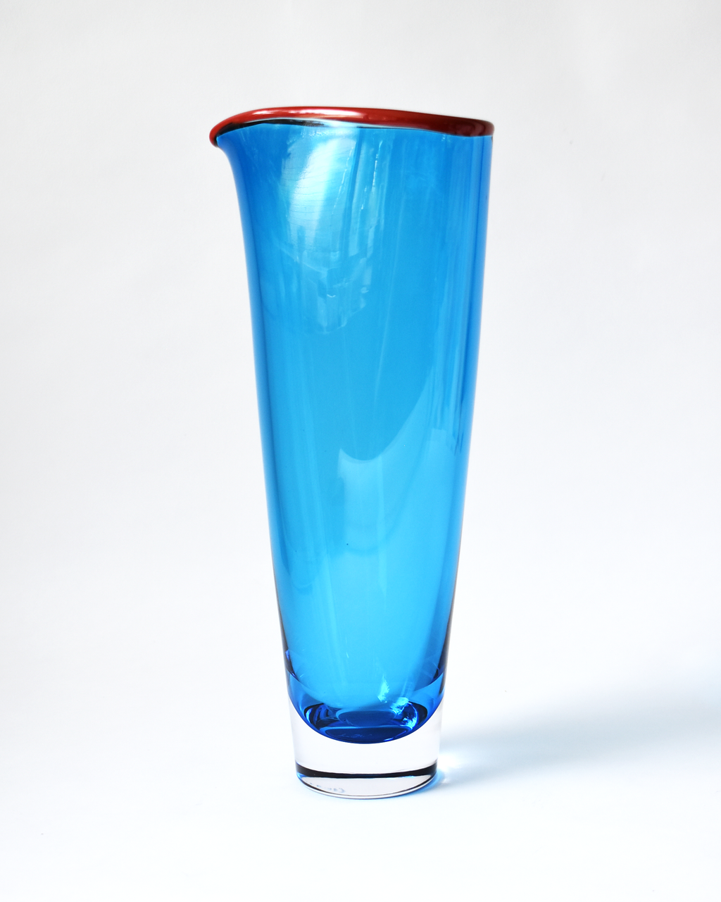Large Aqua Blue & Burnt Red 'Rainbow Rim' Blown Glass Vase