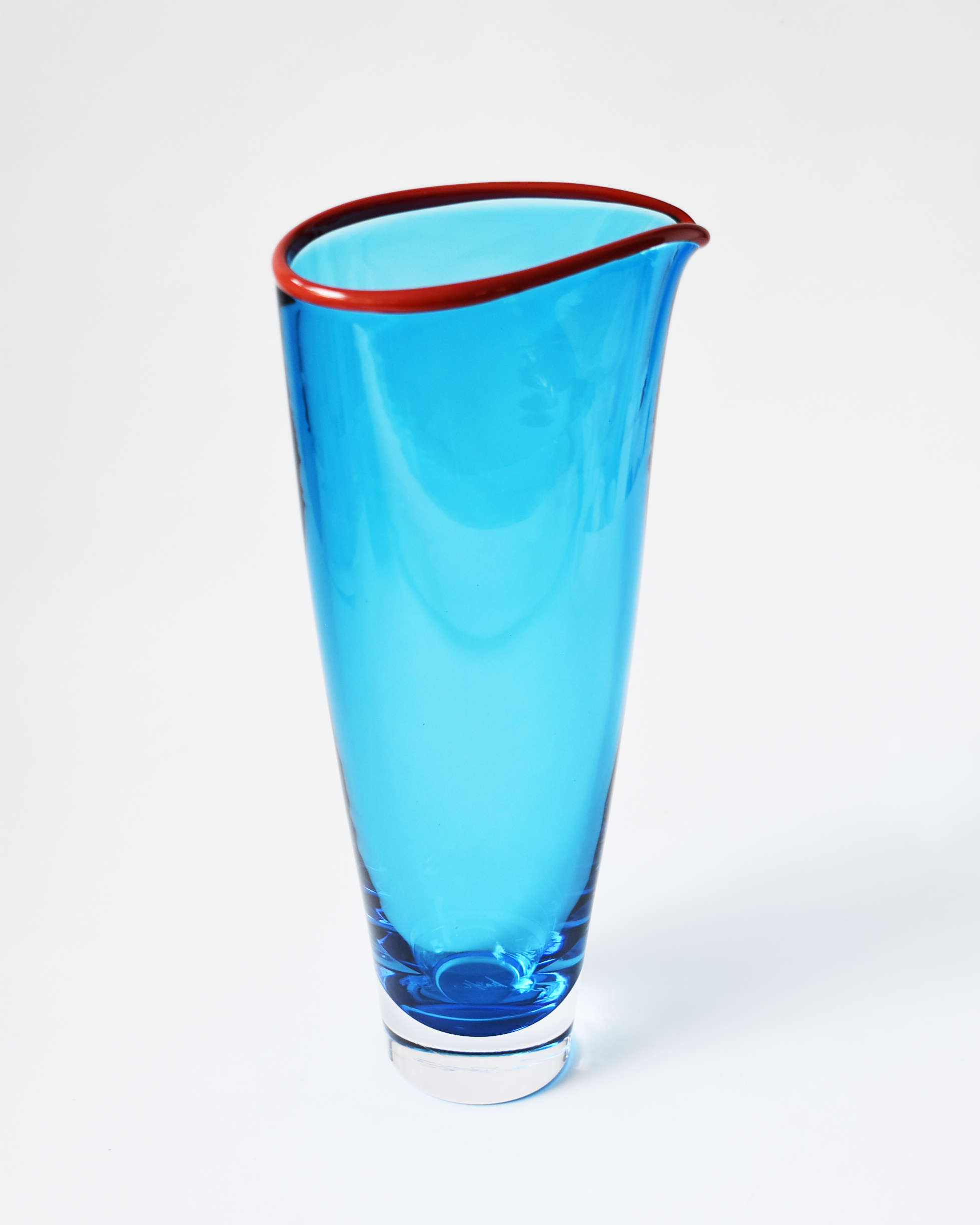 Large Aqua Blue & Burnt Red 'Rainbow Rim' Blown Glass Vase