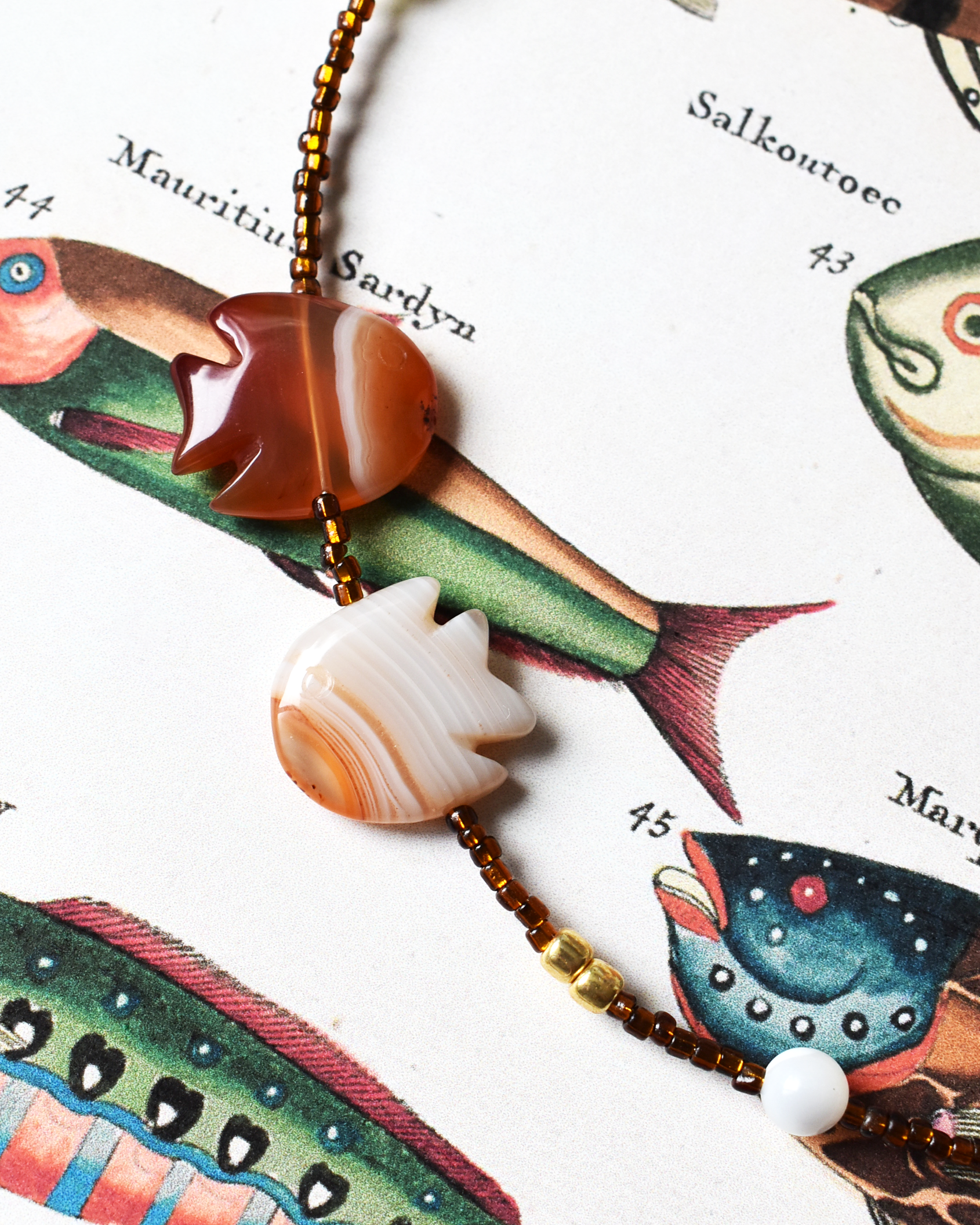 Carnelian Fish & Mother of Pearl Bead Necklace