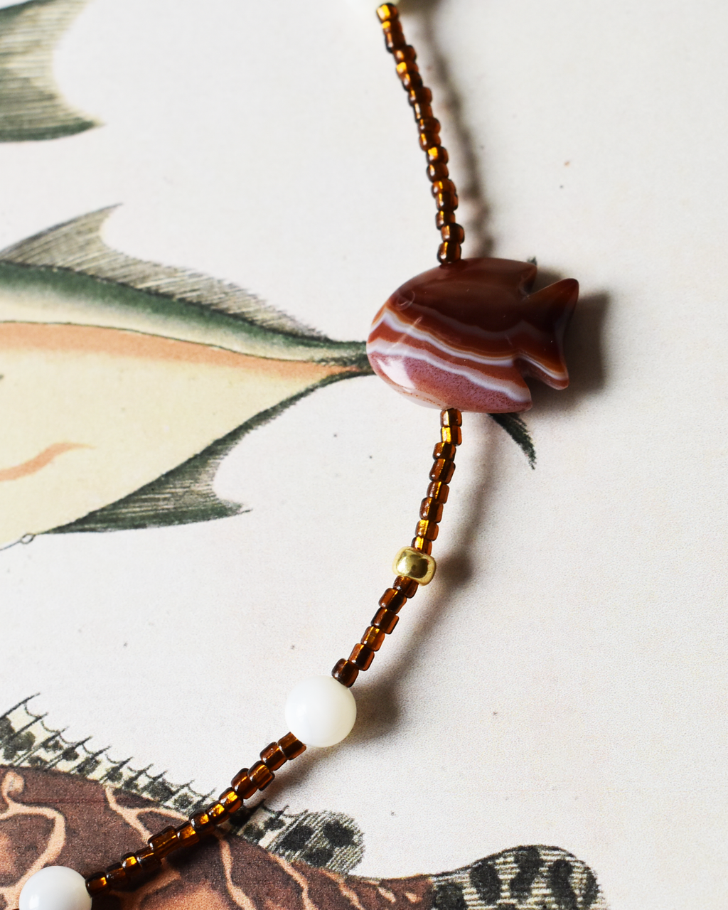 Carnelian Fish & Mother of Pearl Bead Necklace