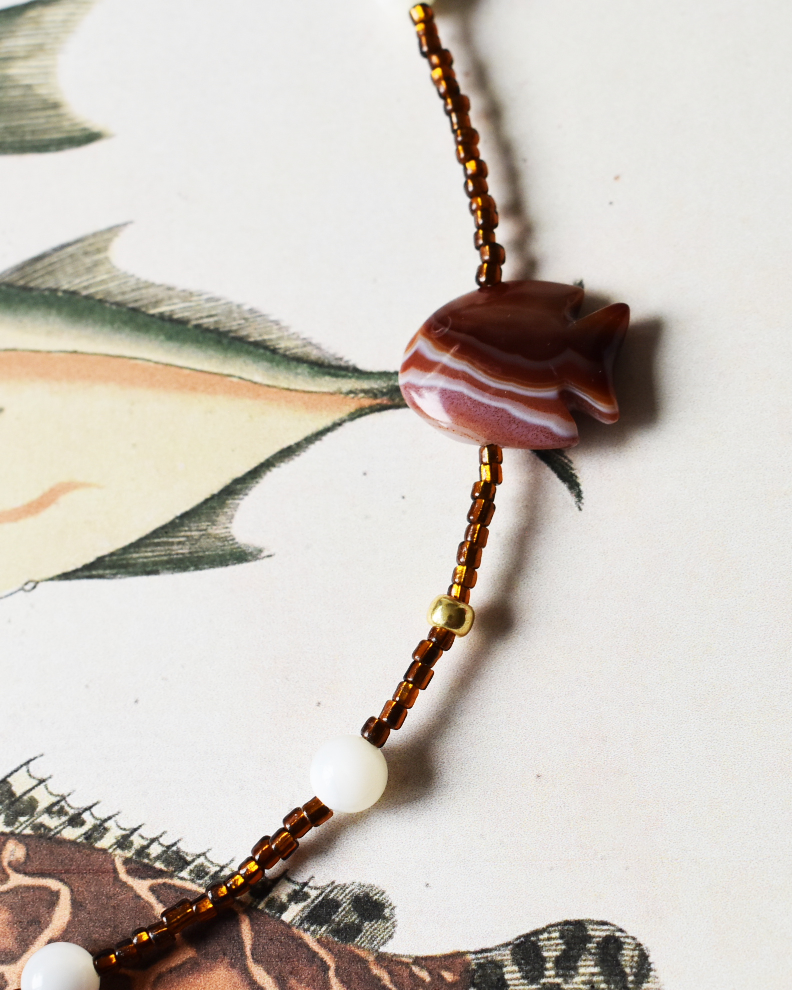 Carnelian Fish & Mother of Pearl Bead Necklace