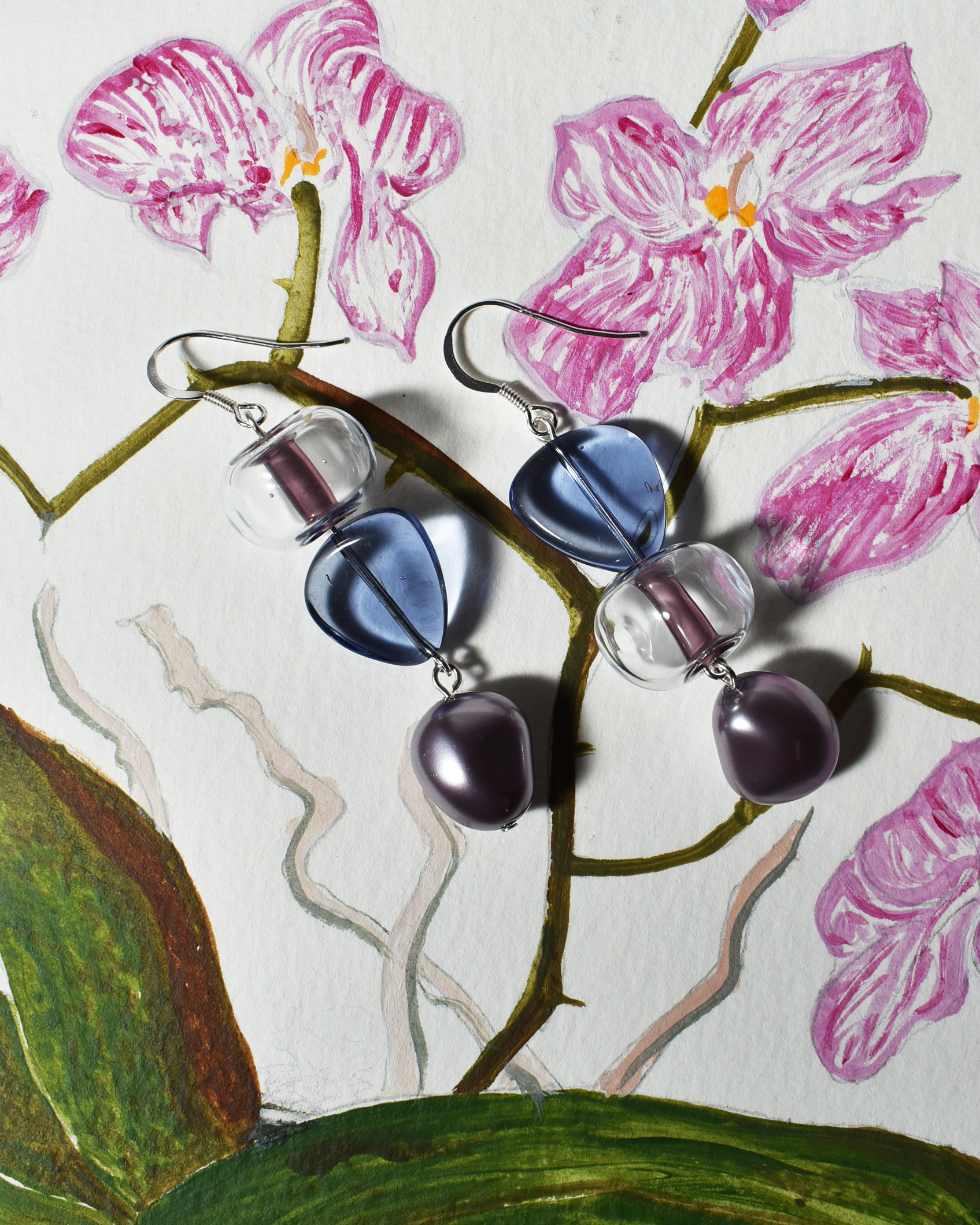 'Lilac & Mauve' Blown Glass Asymmetrical Earrings