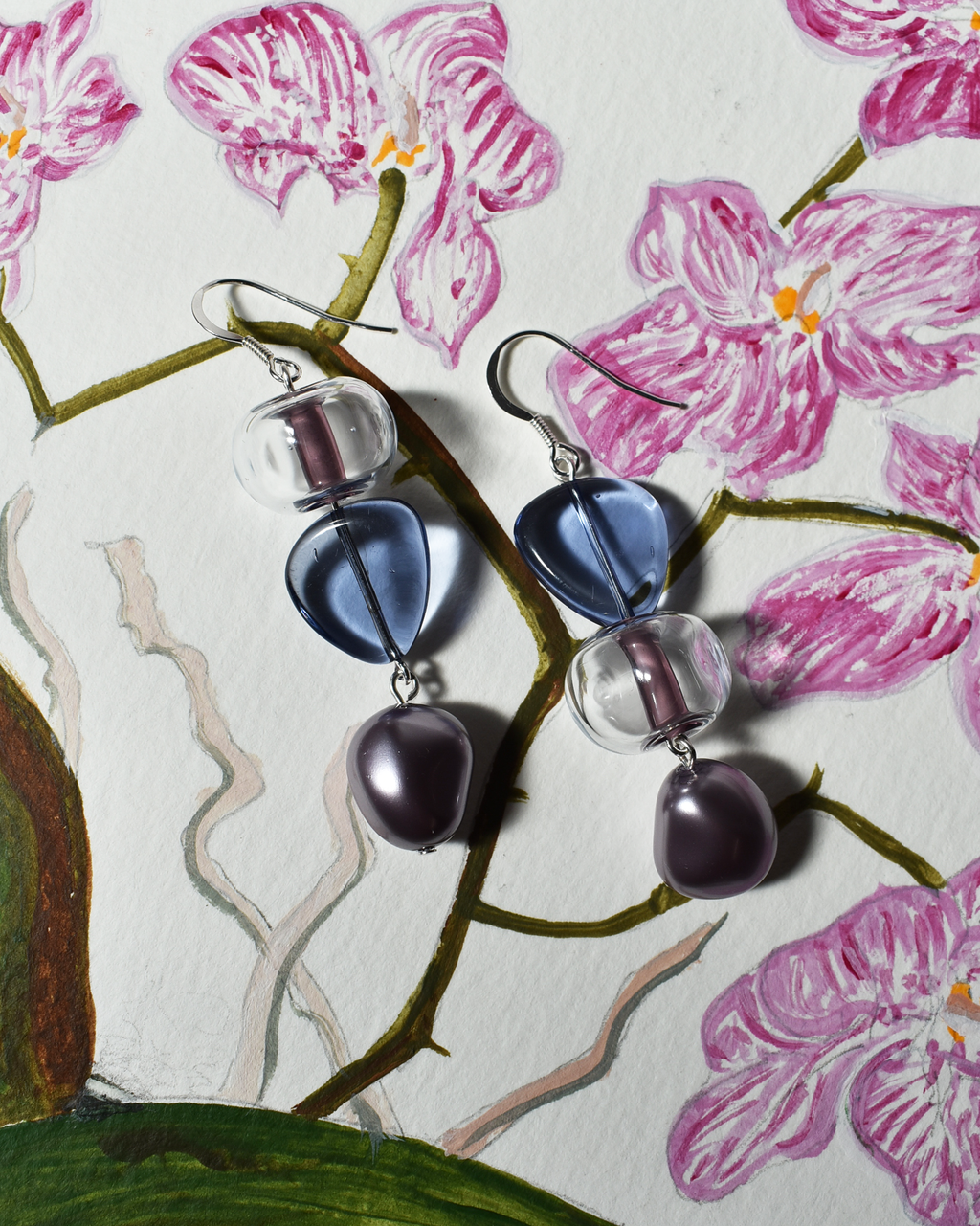'Lilac & Mauve' Blown Glass Asymmetrical Earrings