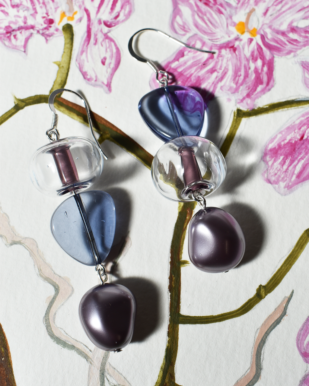 'Lilac & Mauve' Blown Glass Asymmetrical Earrings