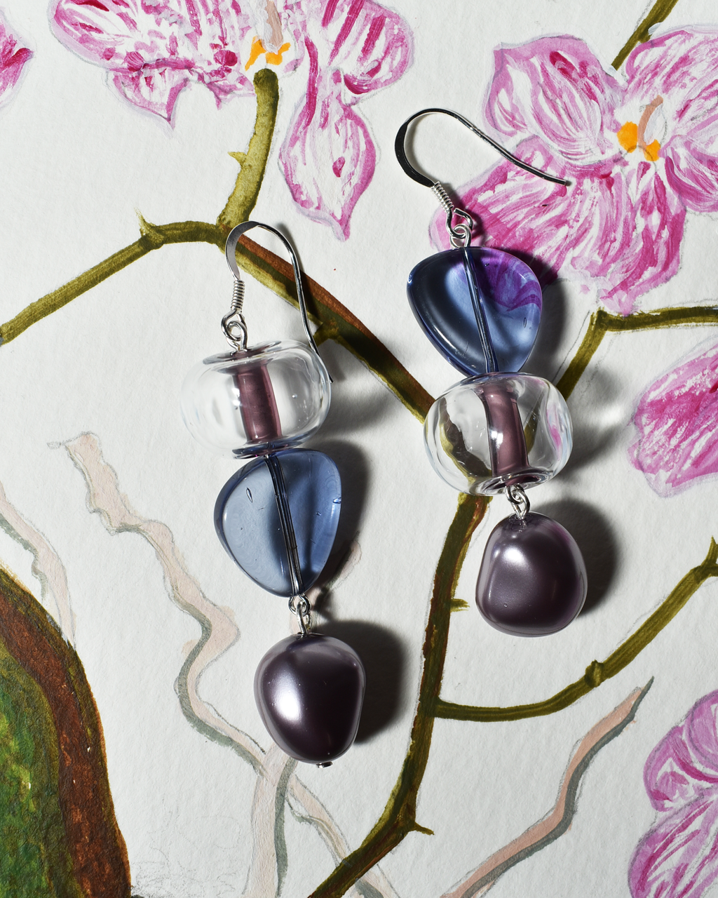 'Lilac & Mauve' Blown Glass Asymmetrical Earrings