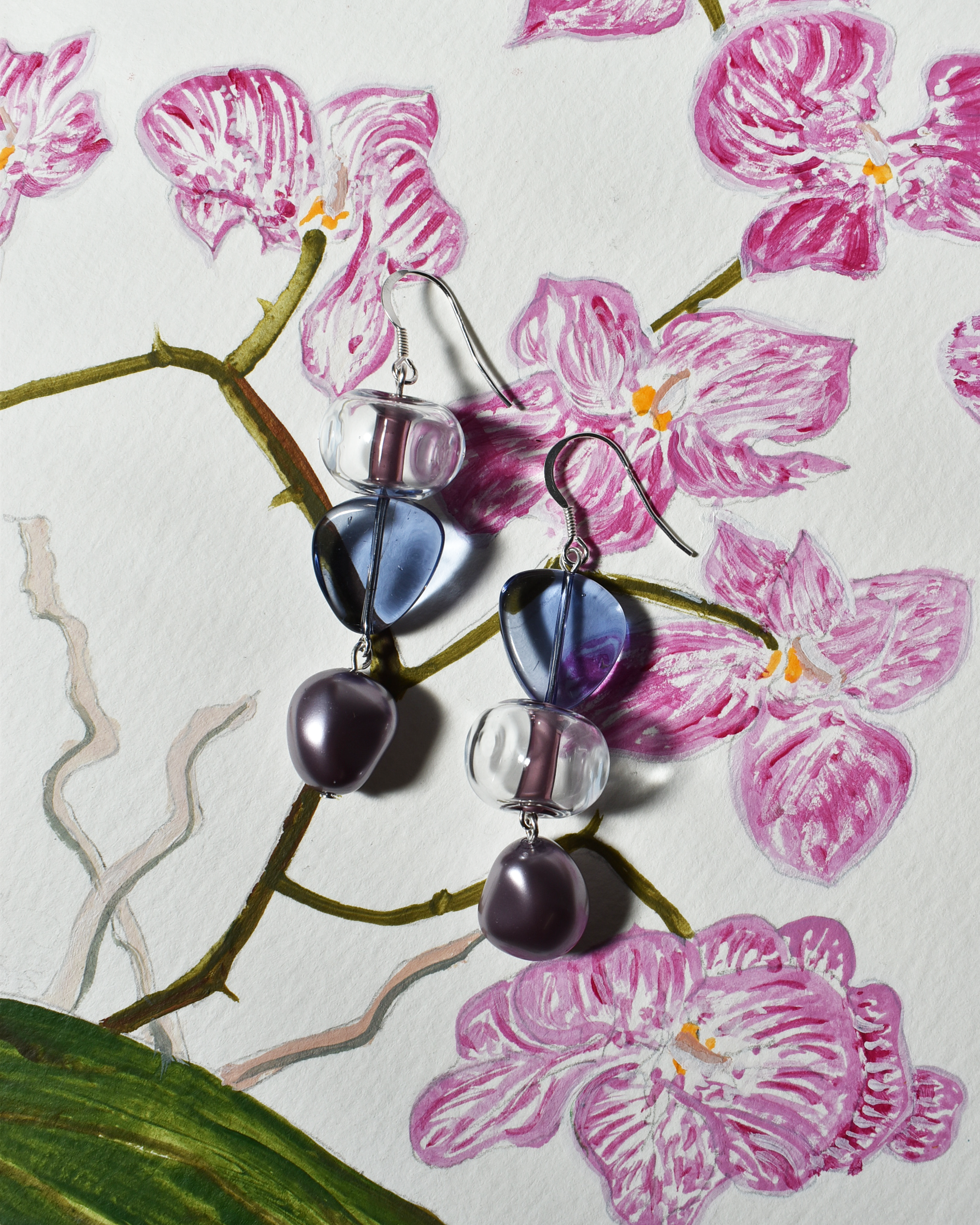 'Lilac & Mauve' Blown Glass Asymmetrical Earrings