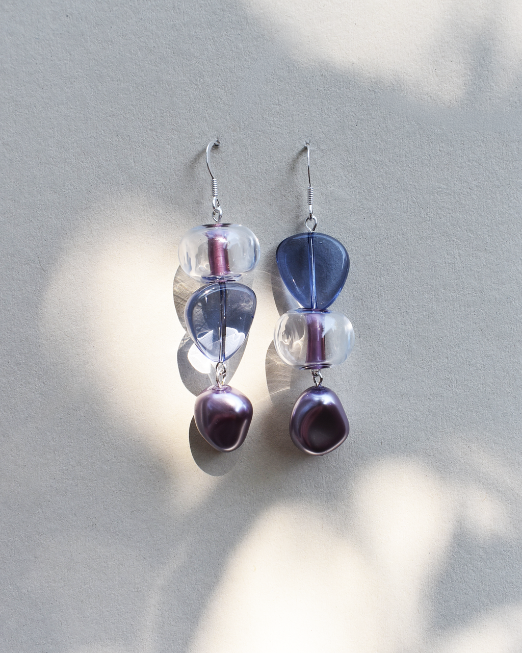 'Lilac & Mauve' Blown Glass Asymmetrical Earrings