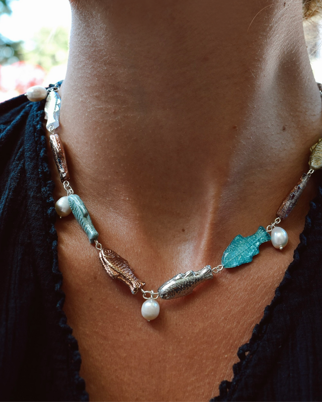'Pearls & Fishes' Pressed Glass Bead Necklace
