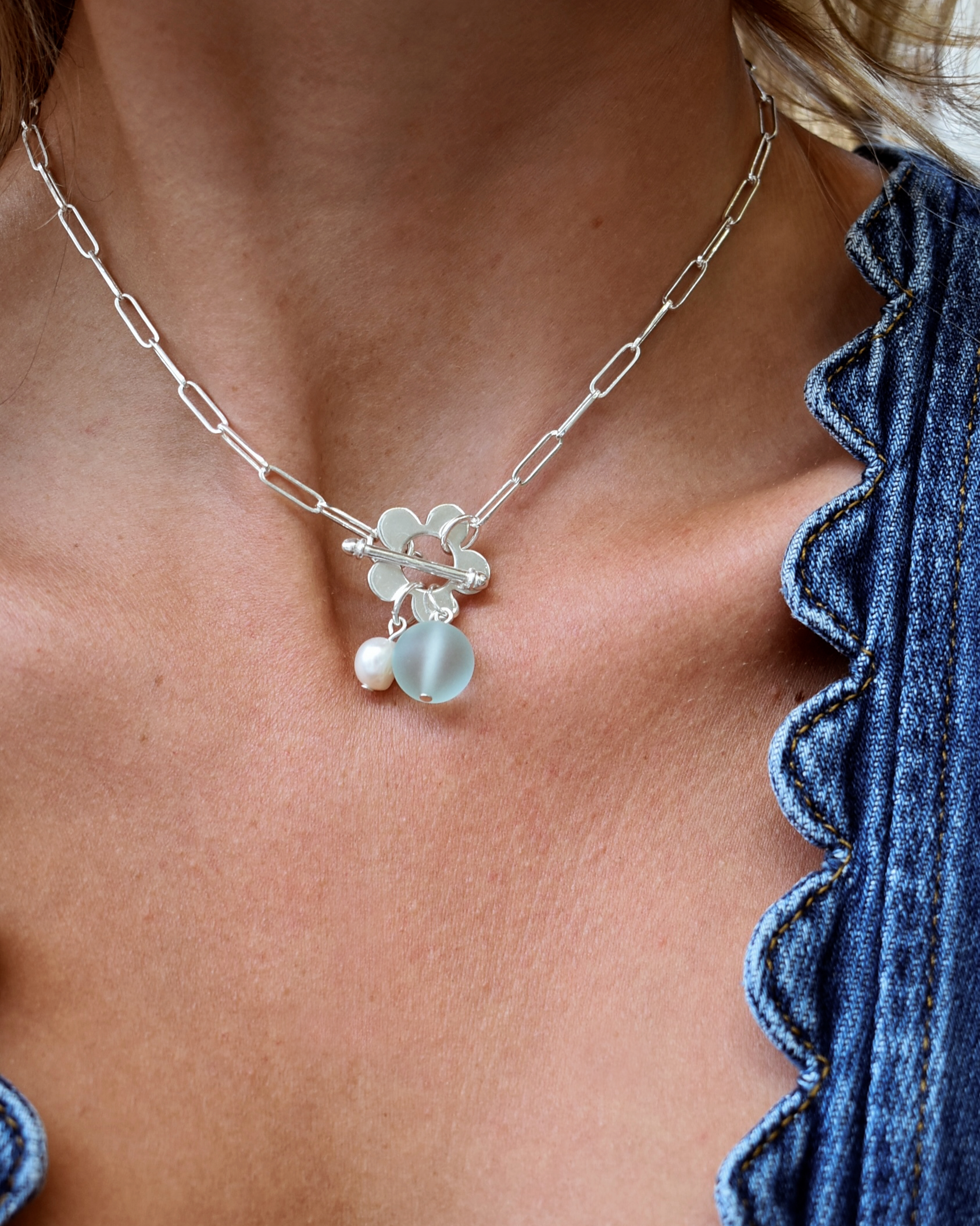 Blue Bead Flower Toggle Necklace