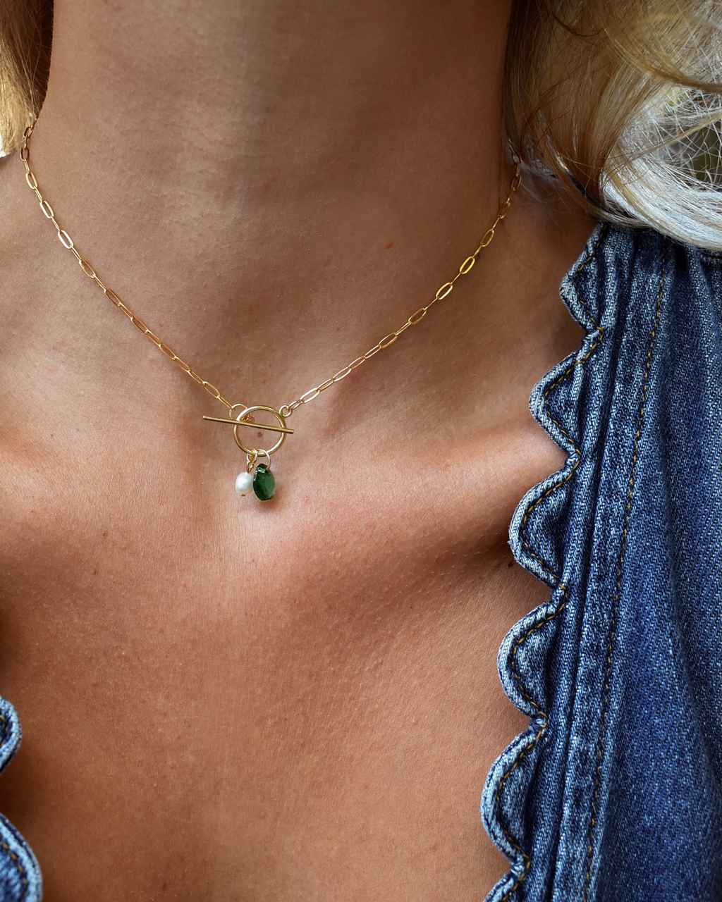 Emerald Green Pearl Drop Toggle Necklace