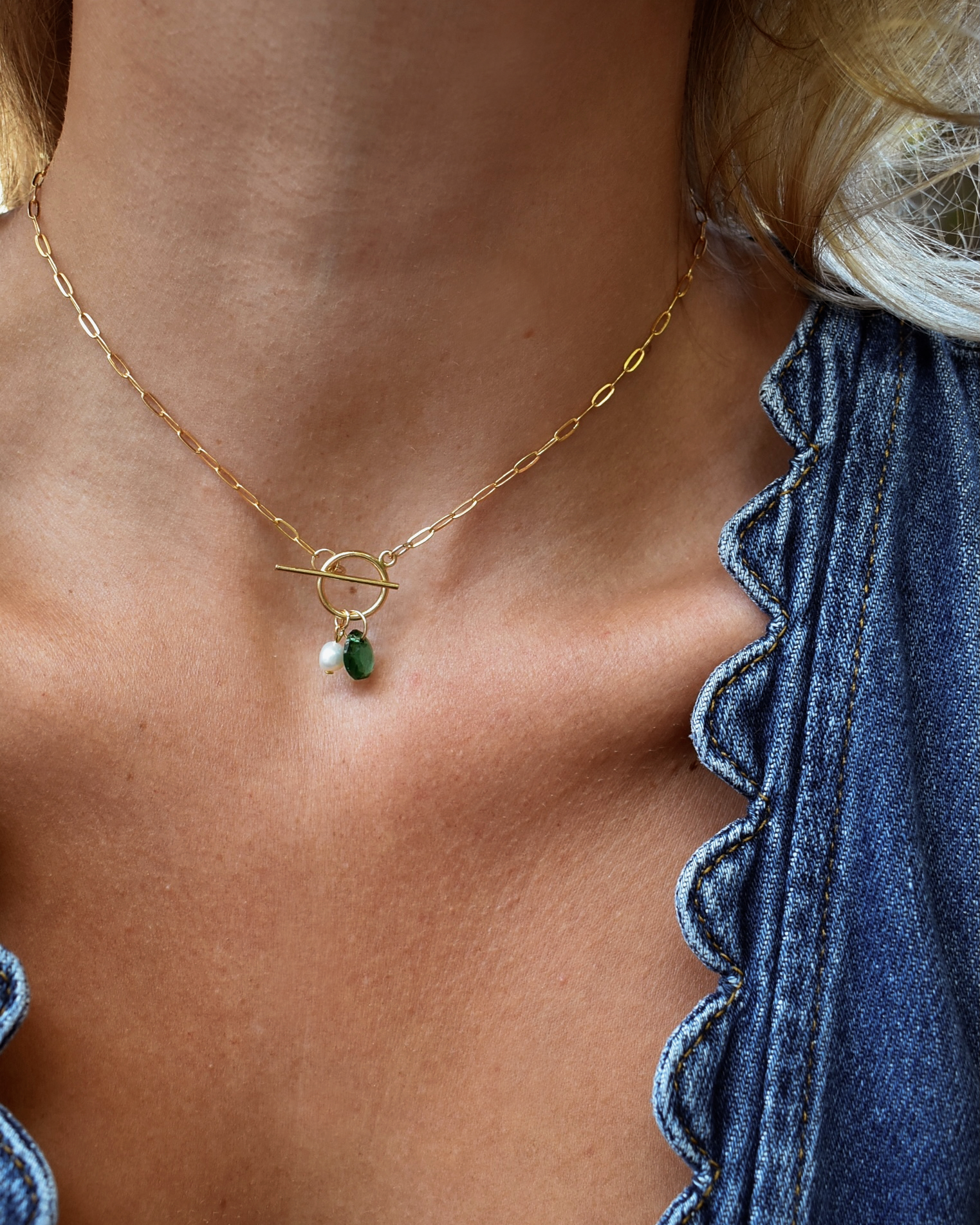 Emerald Green Pearl Drop Toggle Necklace