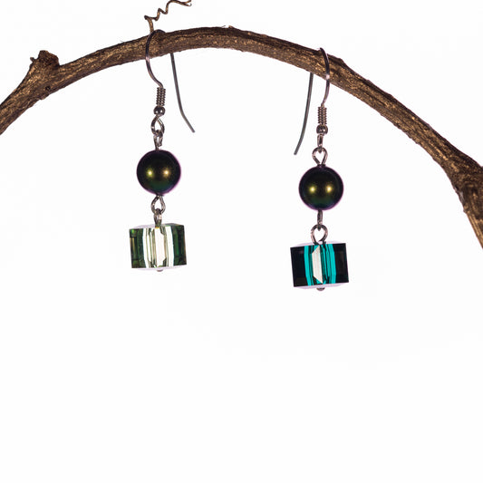 Green Pearl & Crystal Drop Hook Earrings