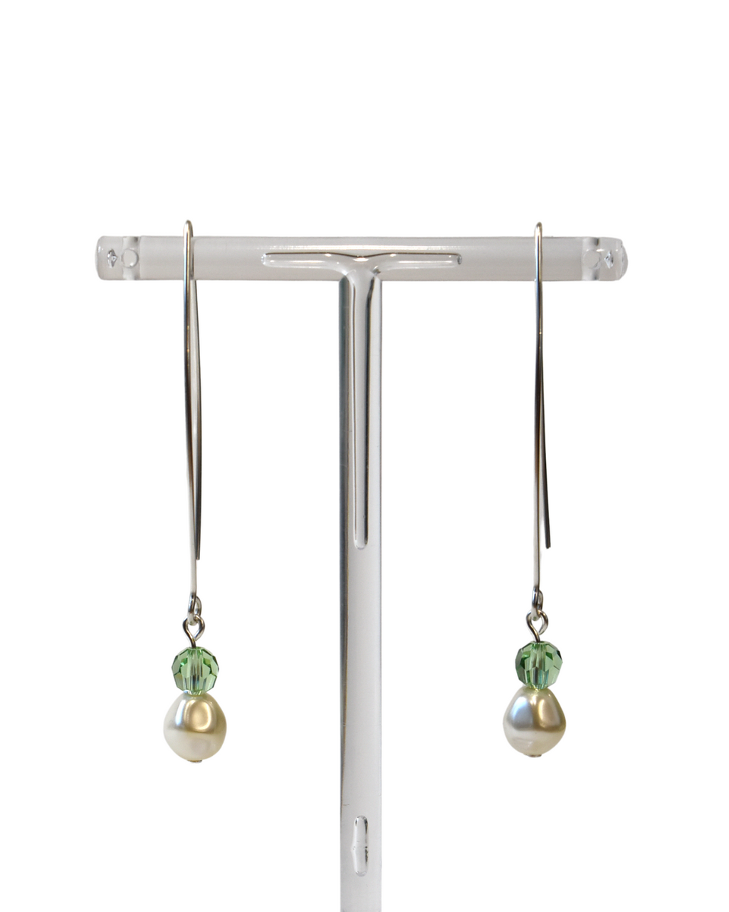 Pearl & Peridot Green Crystal Silver Arc Earrings