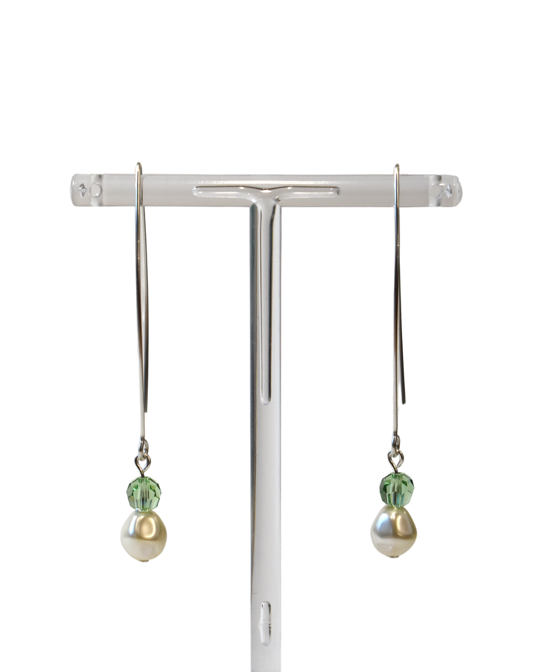 Pearl & Peridot Green Crystal Silver Arc Earrings