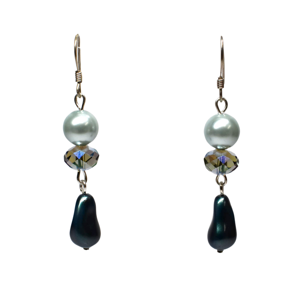 Teal Pebble & Blue Pearl Crystal Hook Earrings