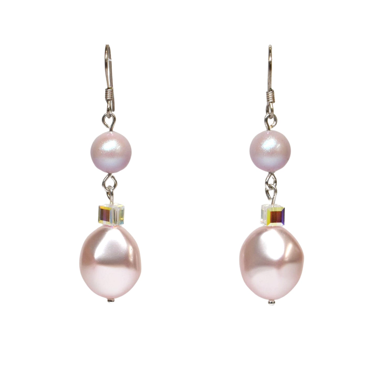 Soft Pink Pebble & Pearl Crystal Hook Earrings
