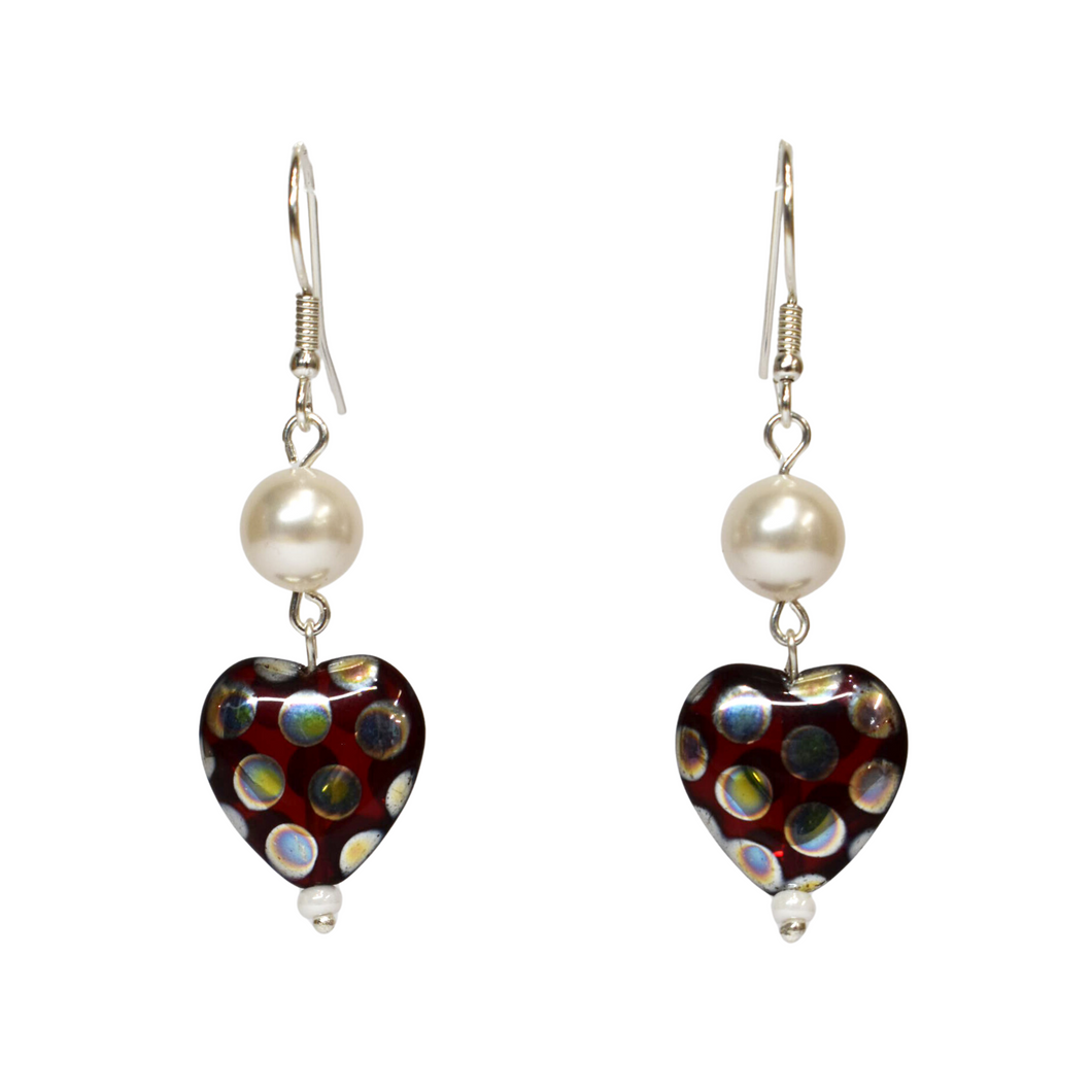 Red Heart & Pearl Drop Hook Earrings