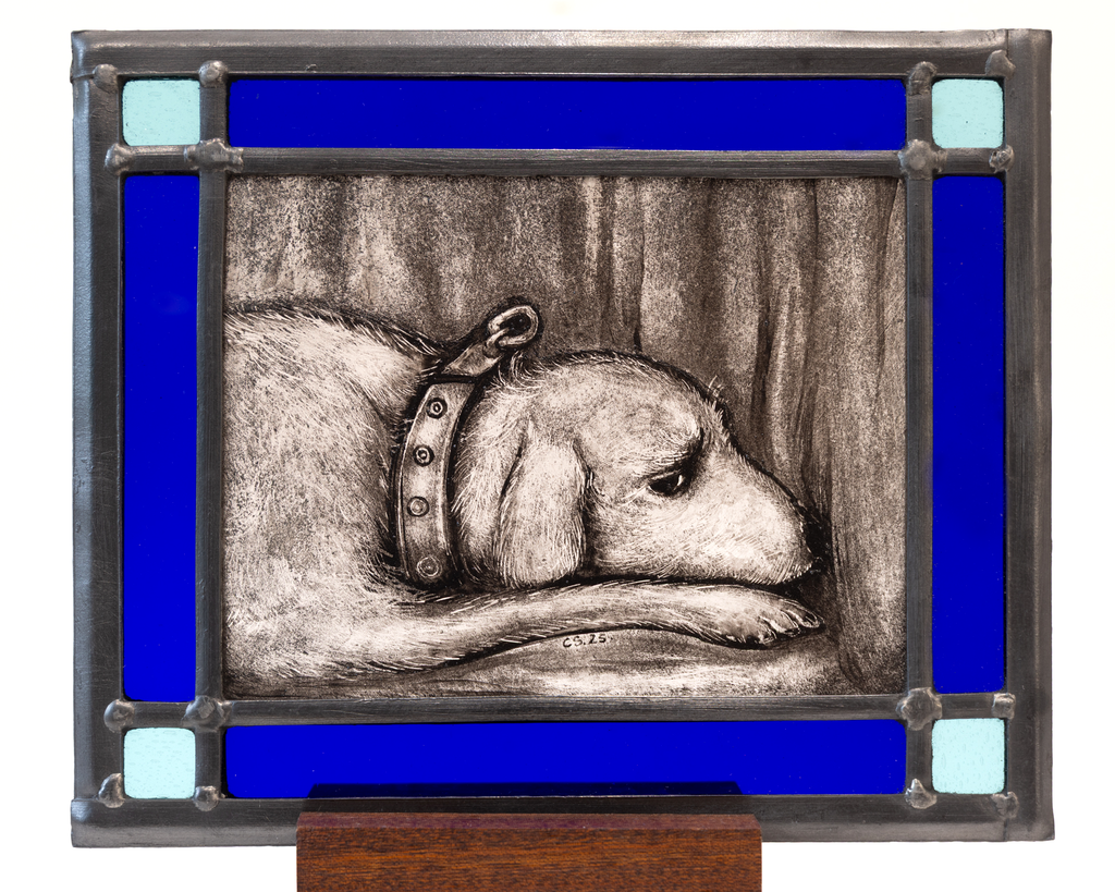 'Dozing Dog' - Stained Glass Panel