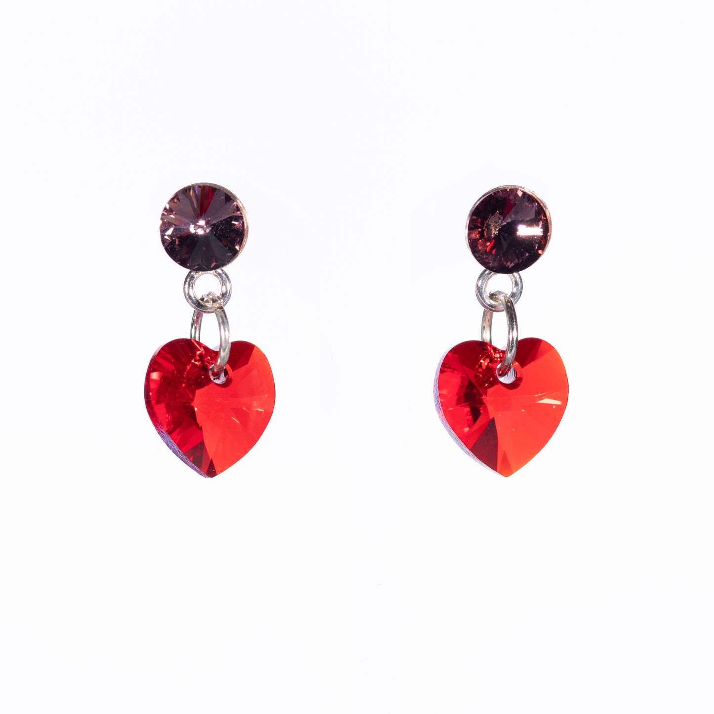 Soft Pink & Red Crystal Heart Stud Earrings