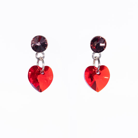 Soft Pink & Red Crystal Heart Stud Earrings