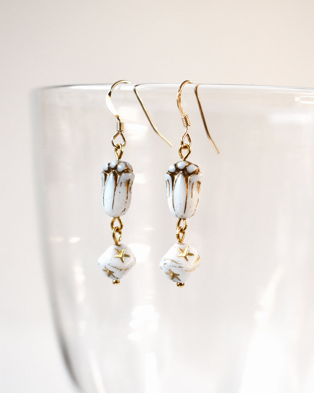 White & Gold Tulip Bead Earrings
