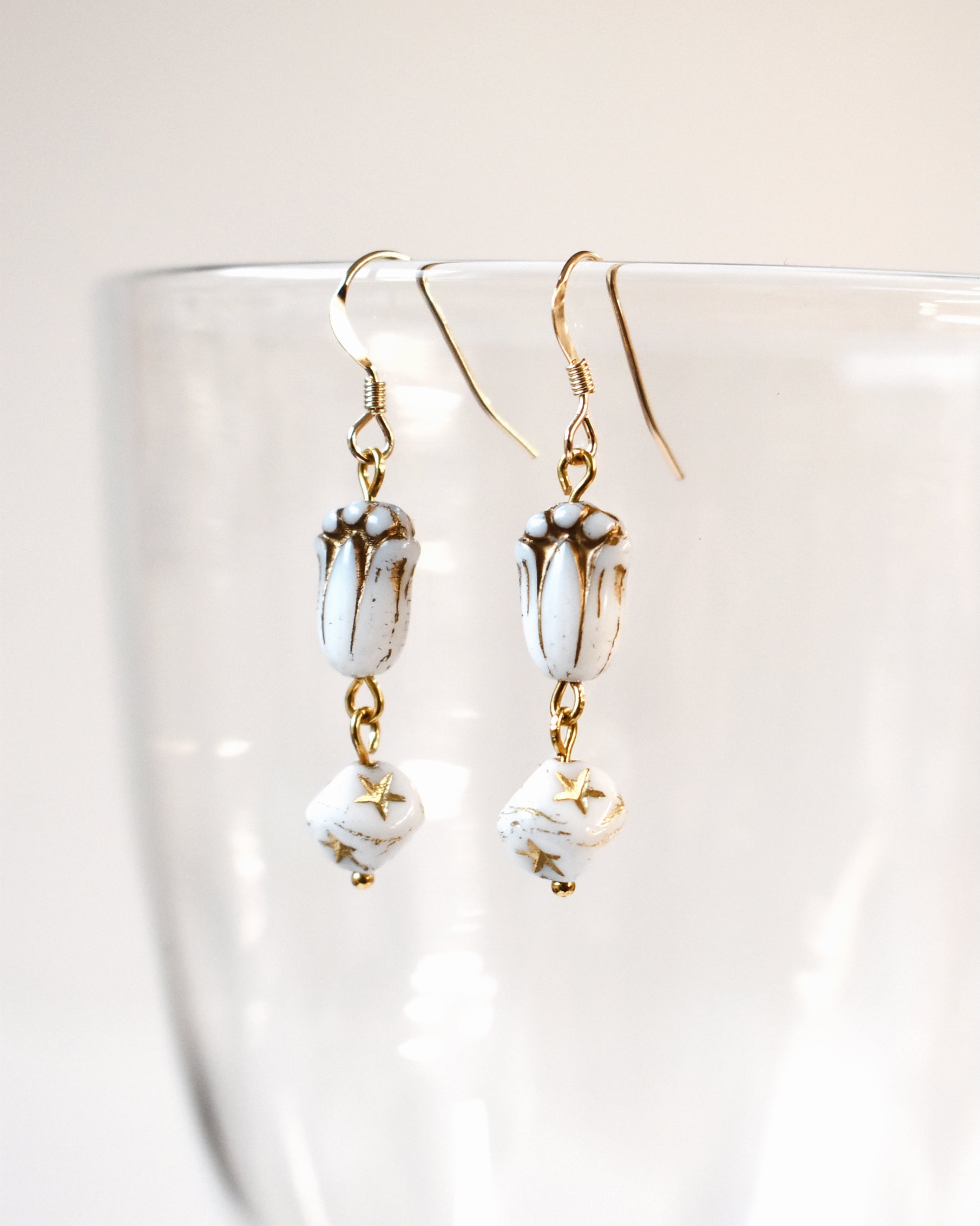 White & Gold Tulip Bead Earrings