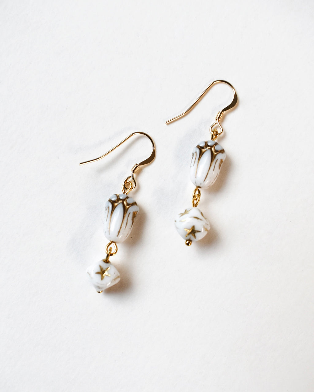 White & Gold Tulip Bead Earrings
