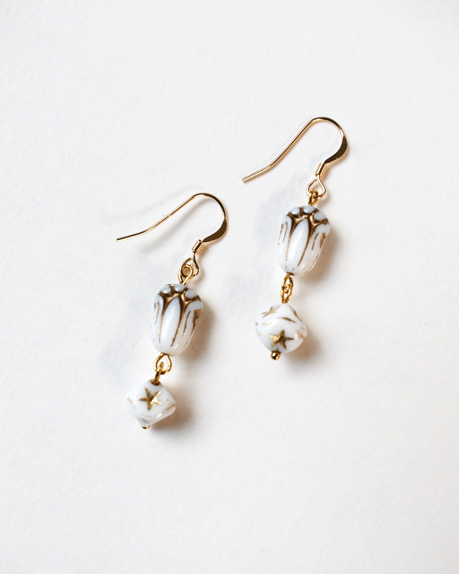 White & Gold Tulip Bead Earrings