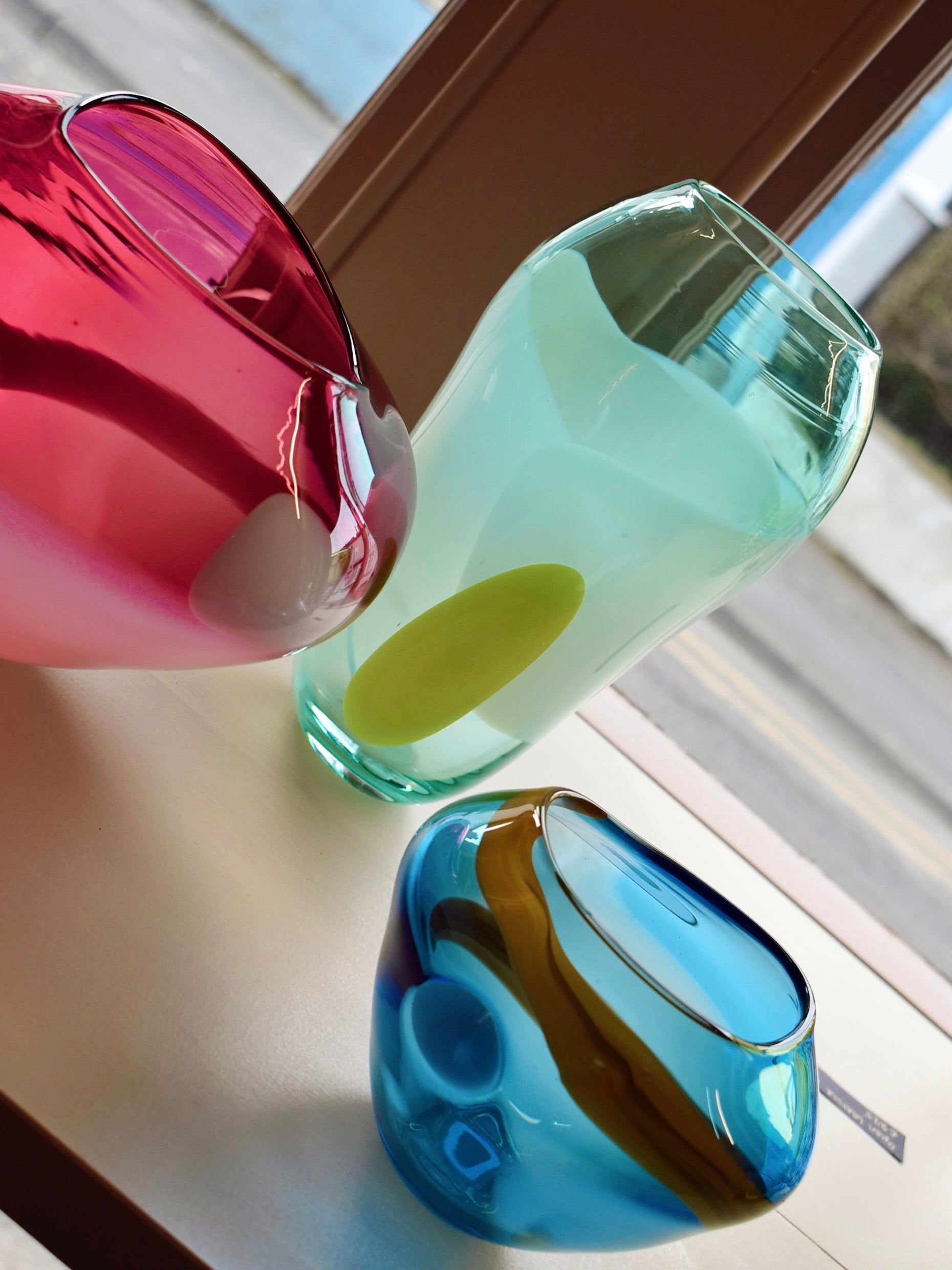 Turquoise, White & Yellow Abstract Blown Glass Vase