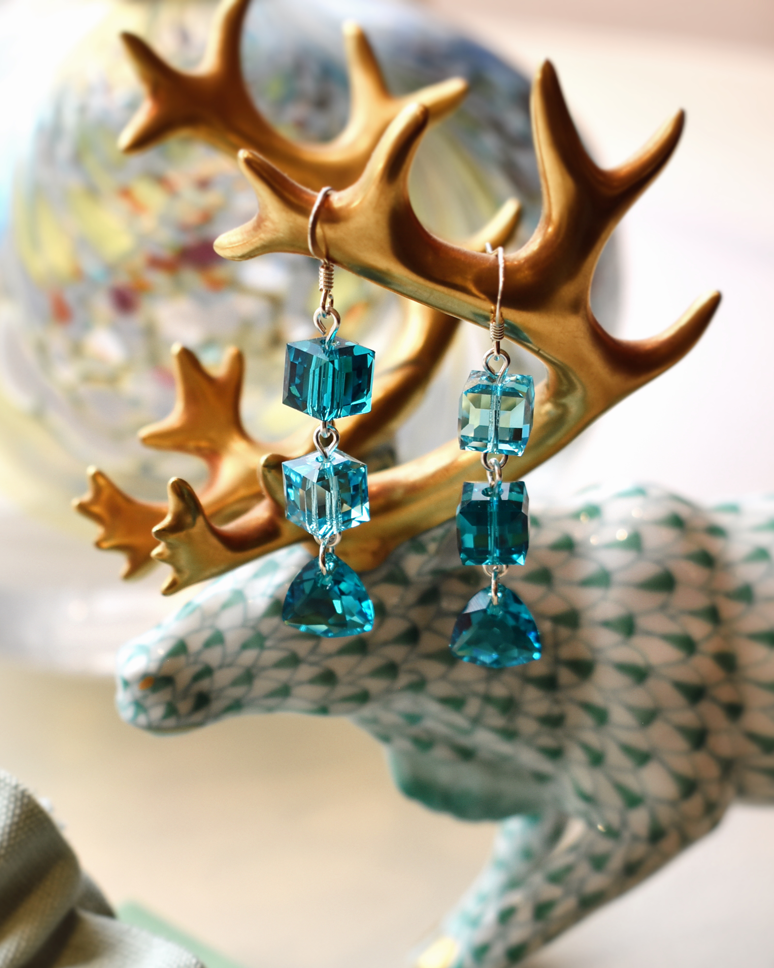 'Teal Horizon' Crystal Cube Earrings