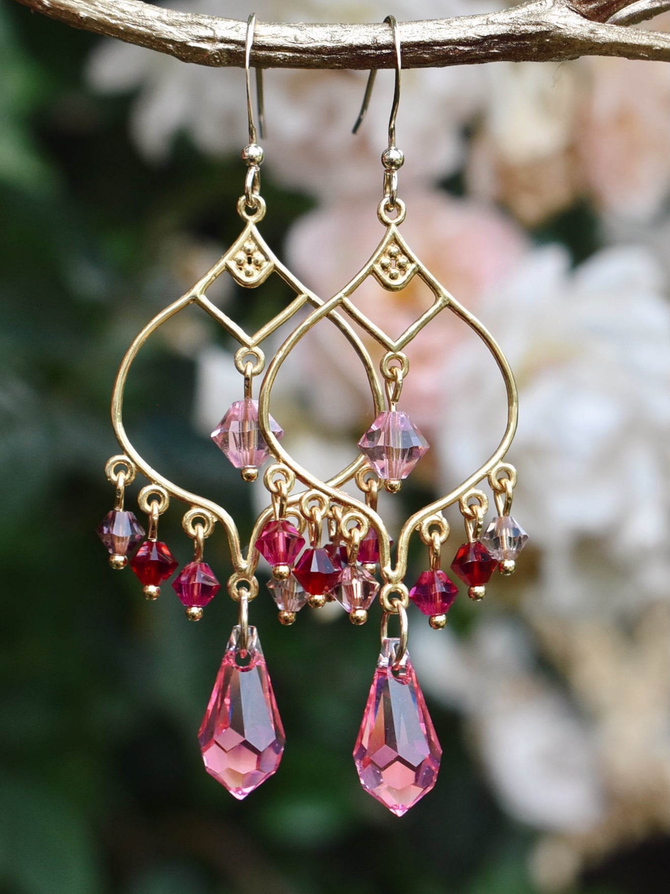 Pink Glass Crystal Chandelier Hook Earrings