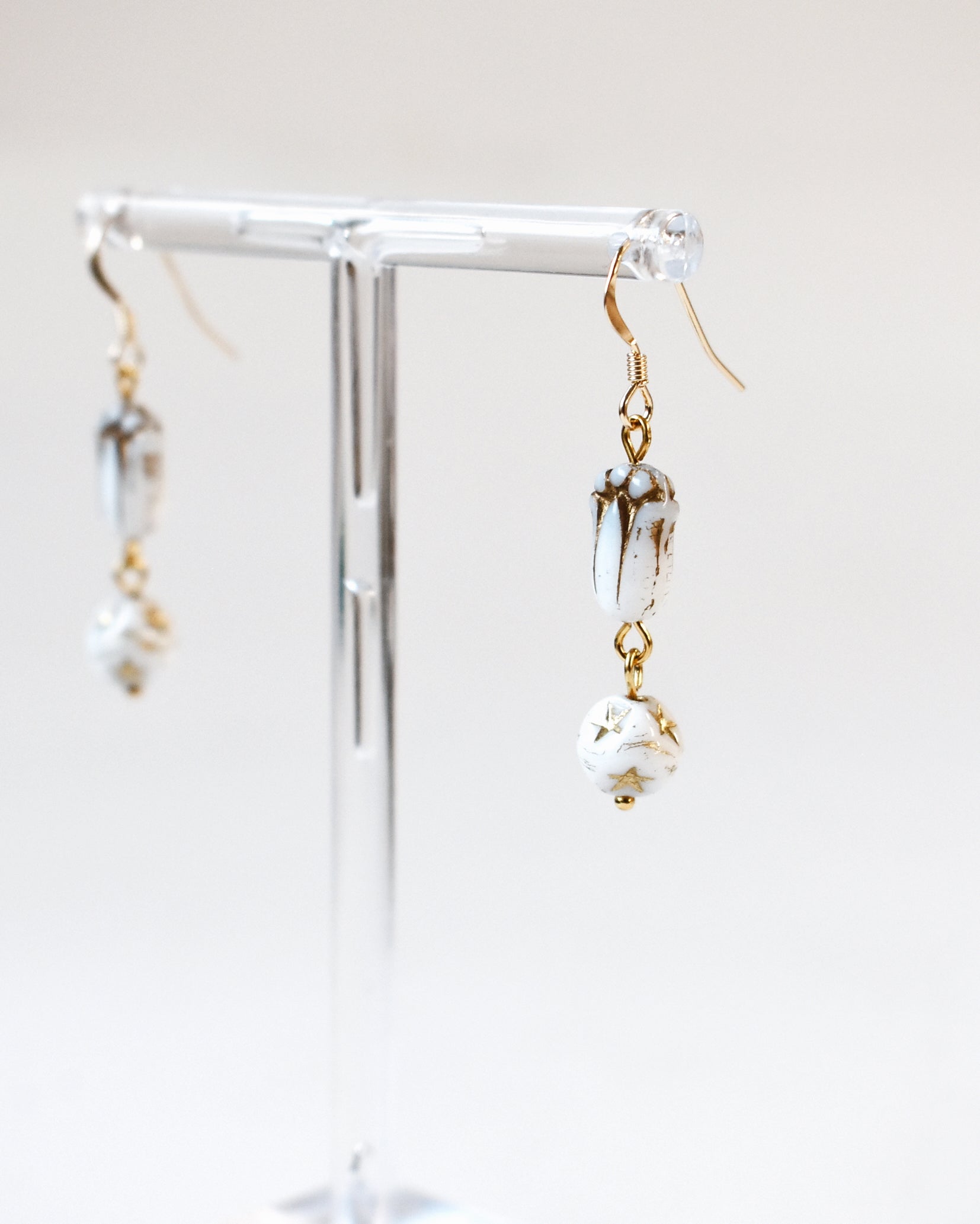 White & Gold Tulip Bead Earrings