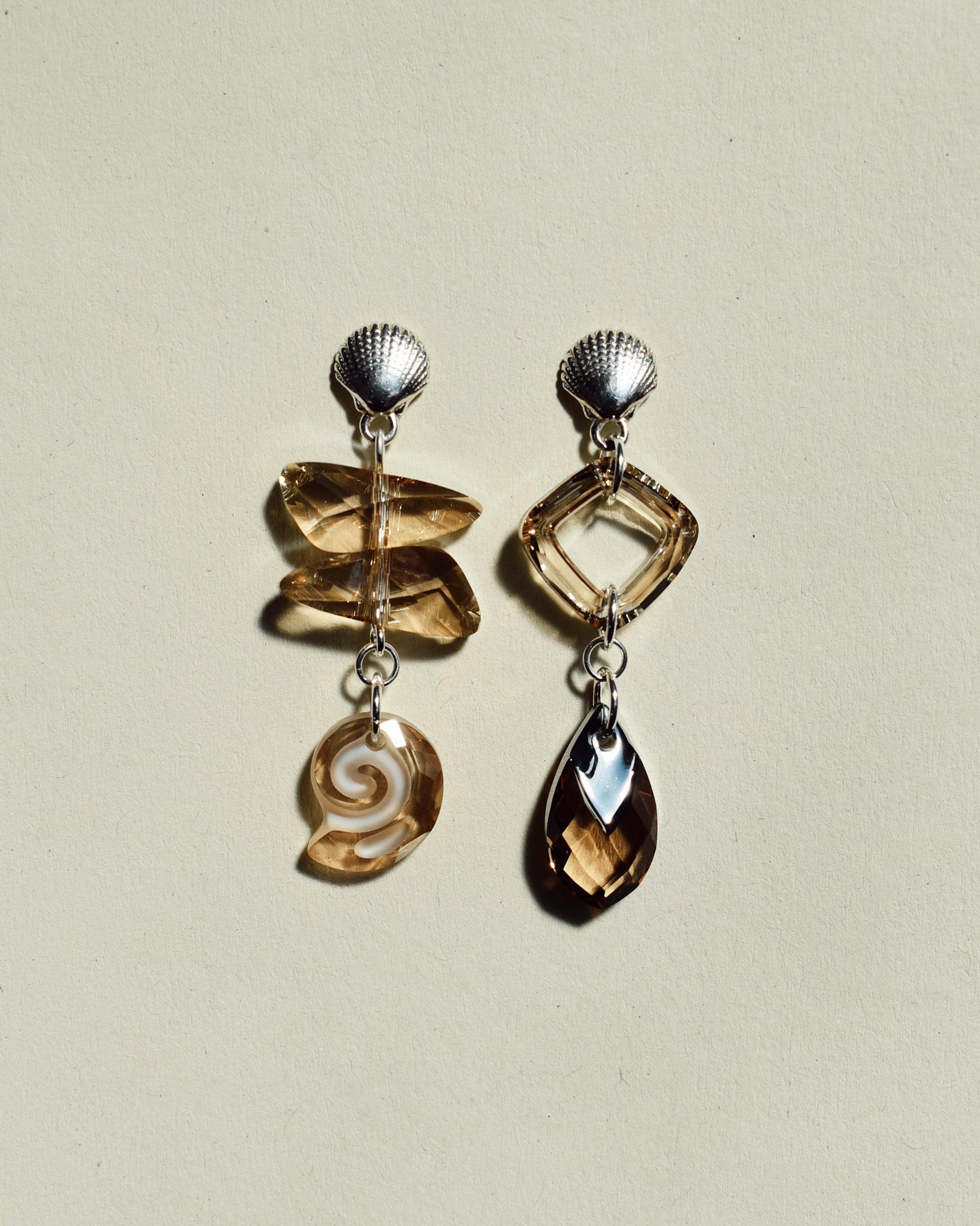 'Champagne Crystal' Asymmetric Seashell Earrings