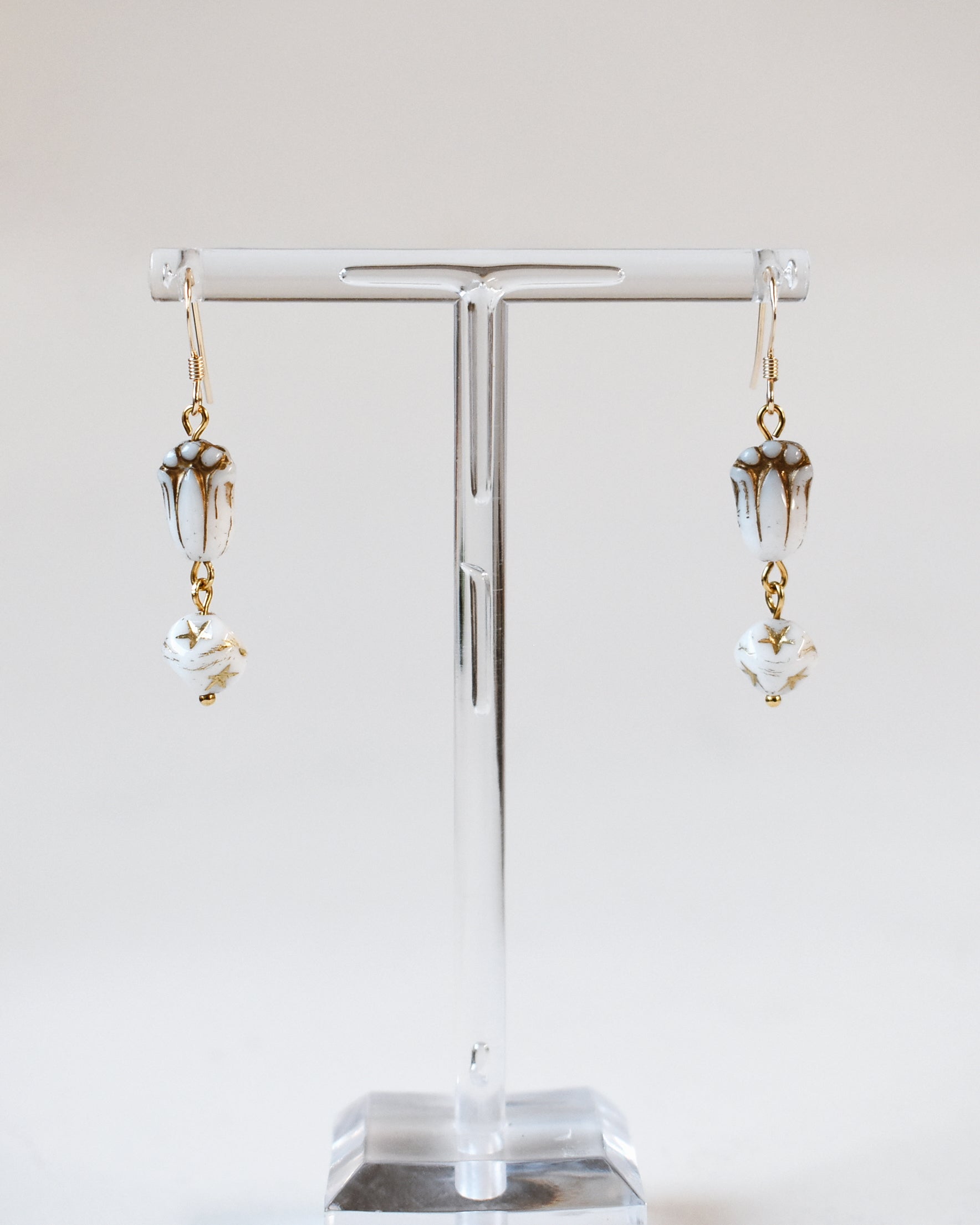 White & Gold Tulip Bead Earrings